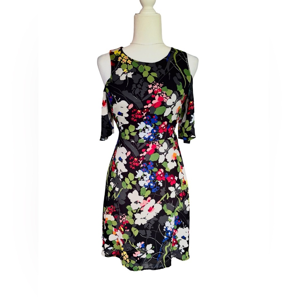 Banana Republic Black Floral Cold Shoulder Cocktail Dress Size 0 Elegant Chic